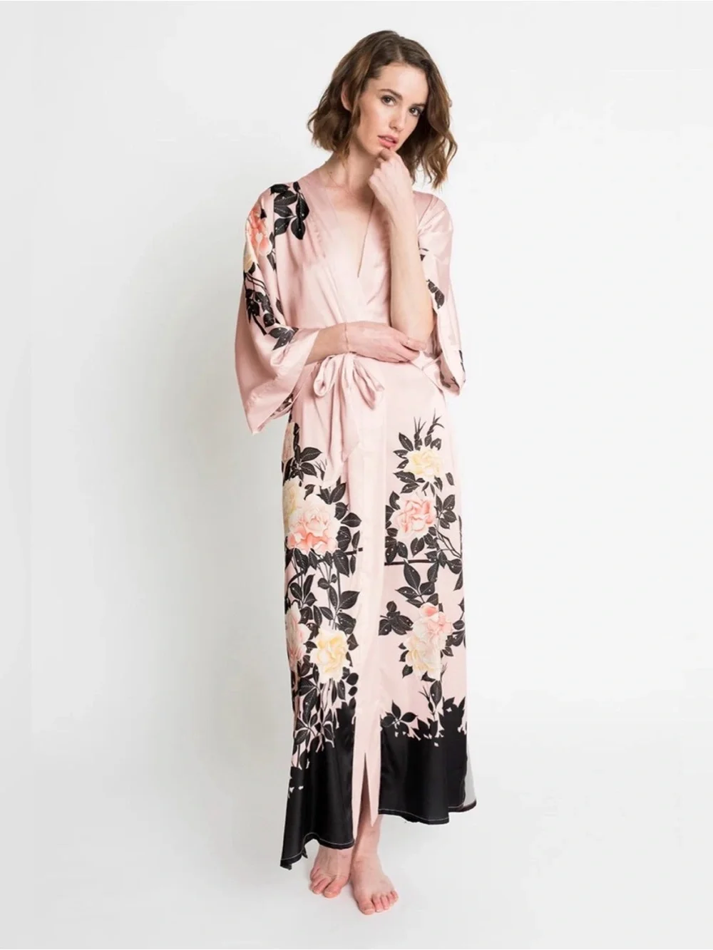 Long Floral Satin Kimono Robe - Pink - Picture 1 of 7